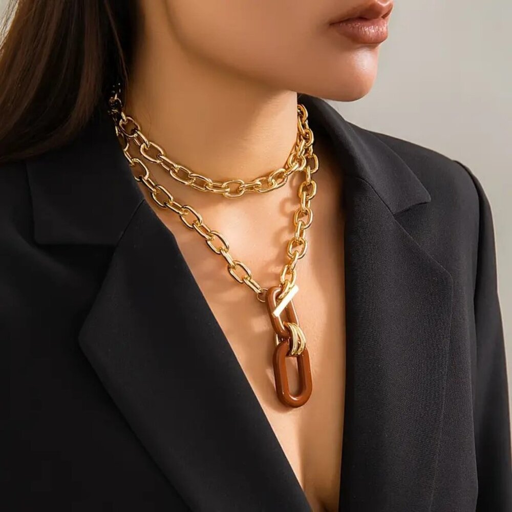 Chunky Necklace Wood Statement Stylish Gold Bold Glam Toggle Fashion Luxury Sexy